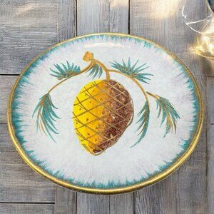 Vintage Italian Pottery 5inch Round Dish Plate With Pine Tree Acorn Italy VTG